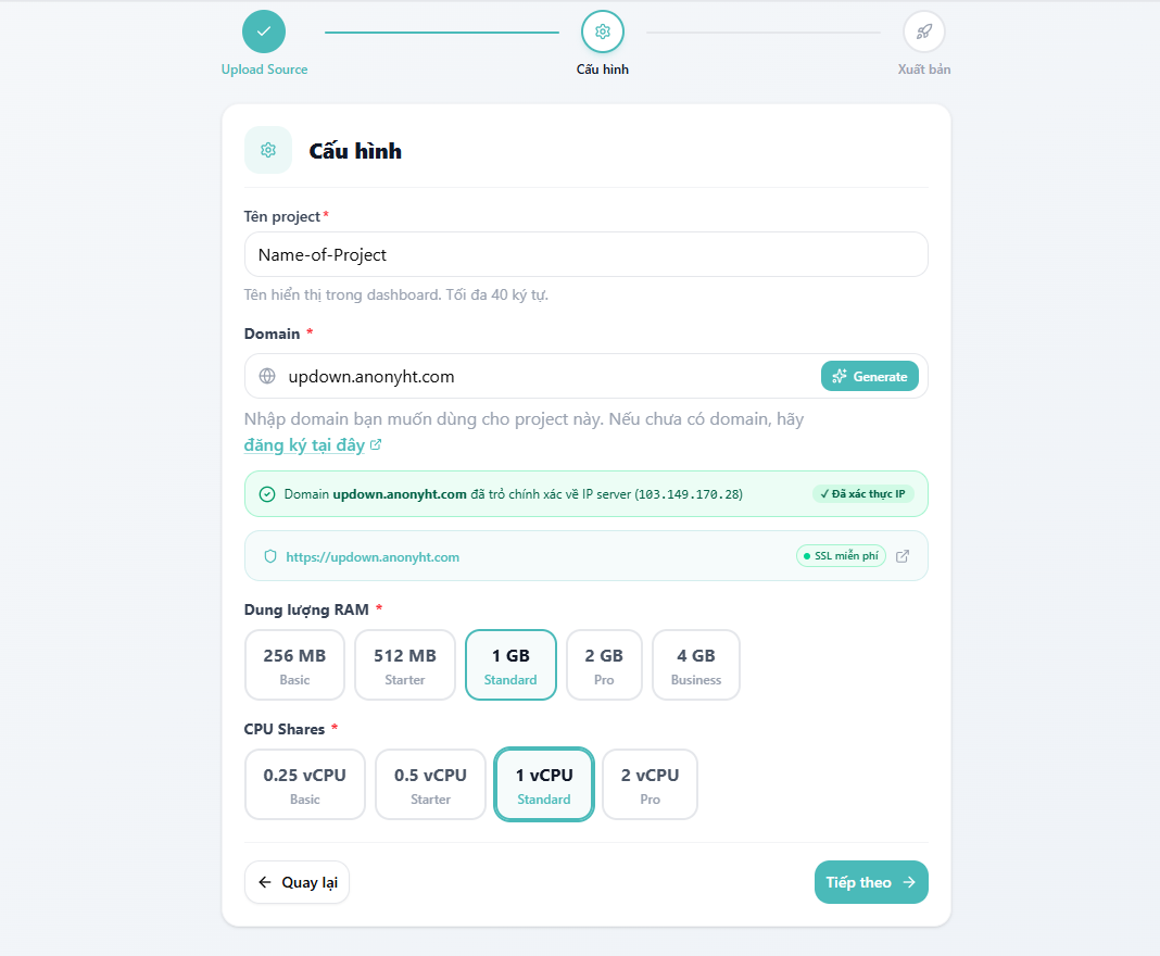 Triển khai Uptime Kuma lên Vibe Hosting của Nhân Hòa chỉ bằng giao diện web - ảnh 3