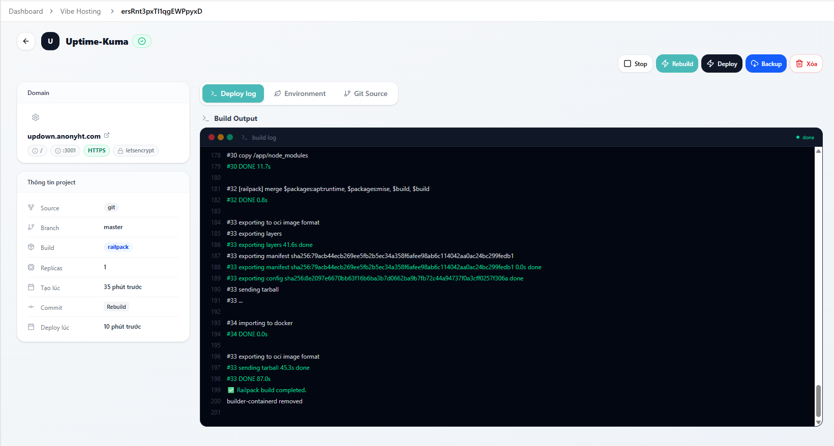 Triển khai Uptime Kuma lên Vibe Hosting của Nhân Hòa chỉ bằng giao diện web - ảnh 6