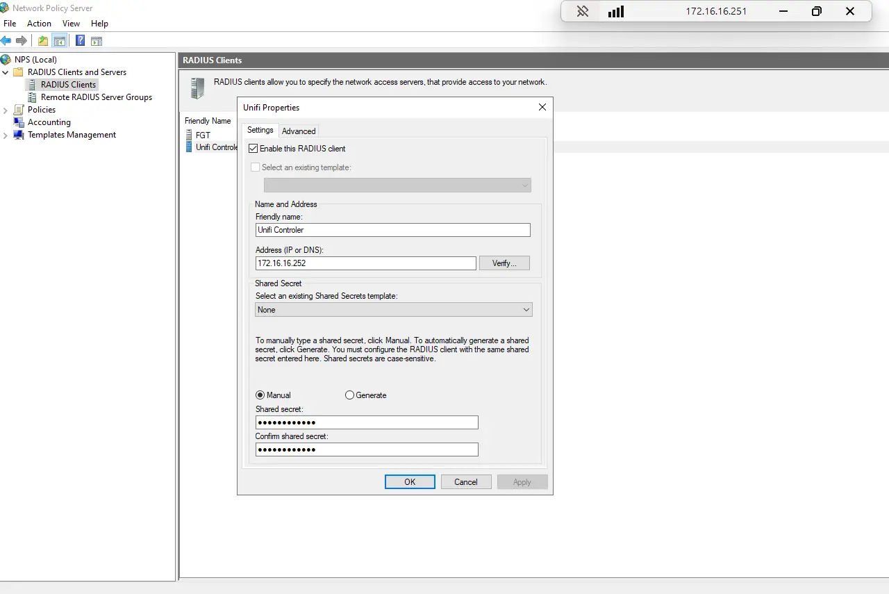 Cài đặt RADIUS Client trong Network Policy Server.